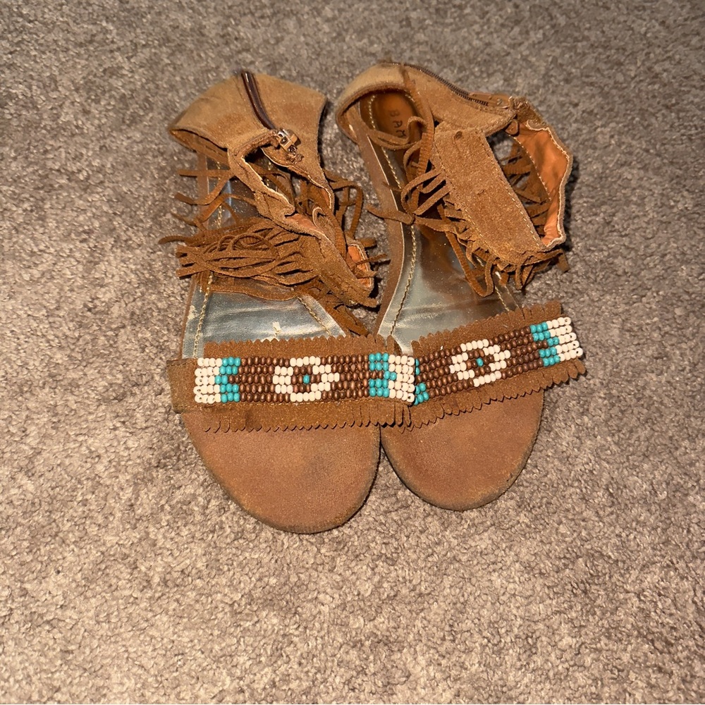 Brown Beaded Fringe Sandals